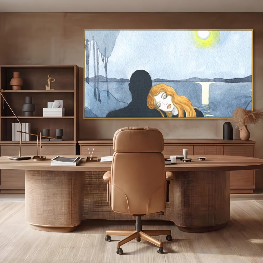 Tablou canvas cu pictura cu un cuplu langa lac, in rama de aluminiu auriu, pe perete intr-un birou